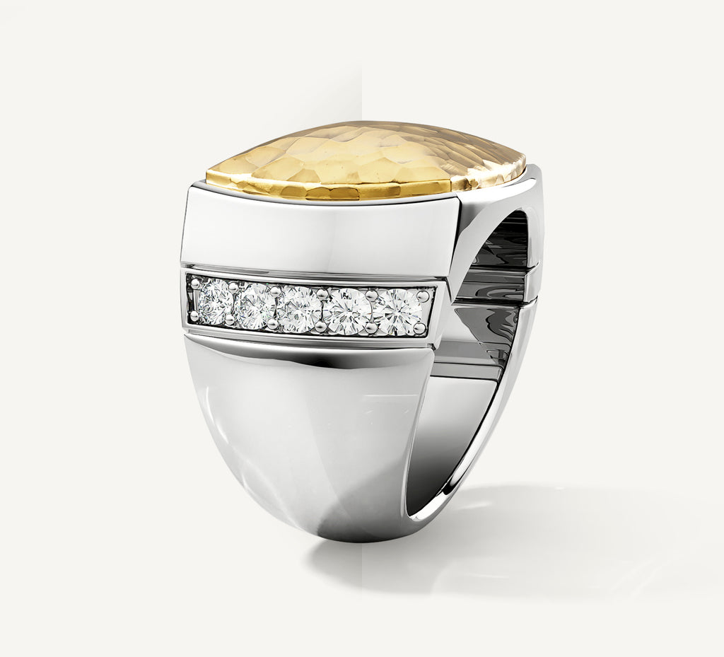 Classic Signet Ring<br>with Pavé Diamonds & Featured<br>14K Gold Hammered Top