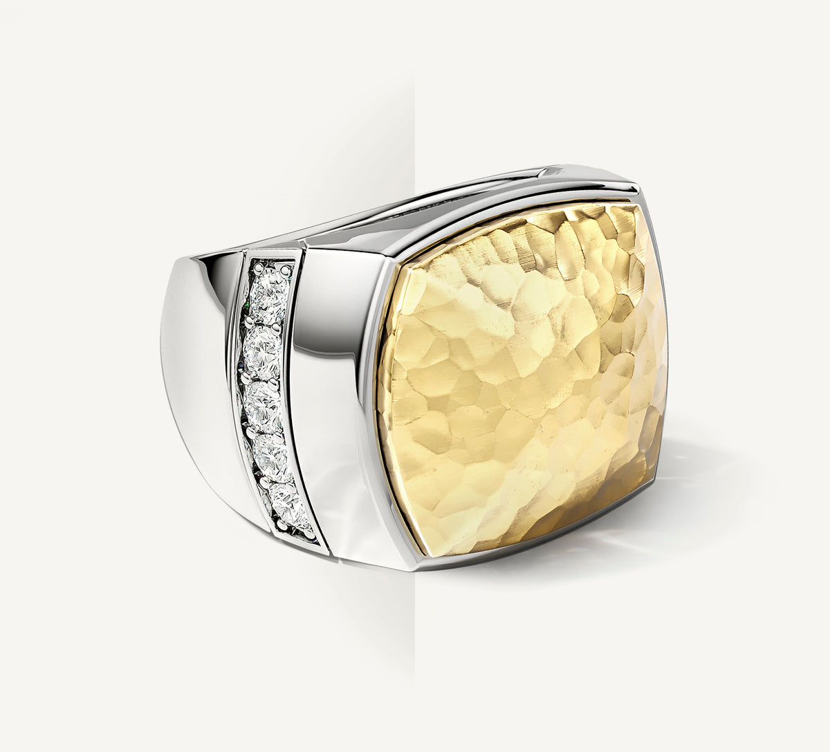 Classic Signet Ring<br>with Pavé Diamonds & Featured<br>14K Gold Hammered Top