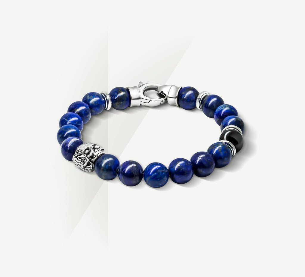 10mm Lapis Bead Bracelet<br>w/Sterling Silver / Skull