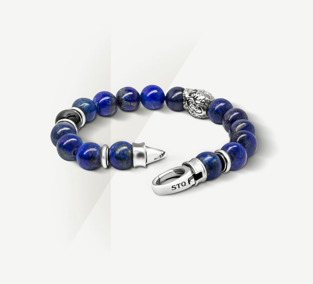 10mm Lapis Bead Bracelet<br>w/Sterling Silver / Skull