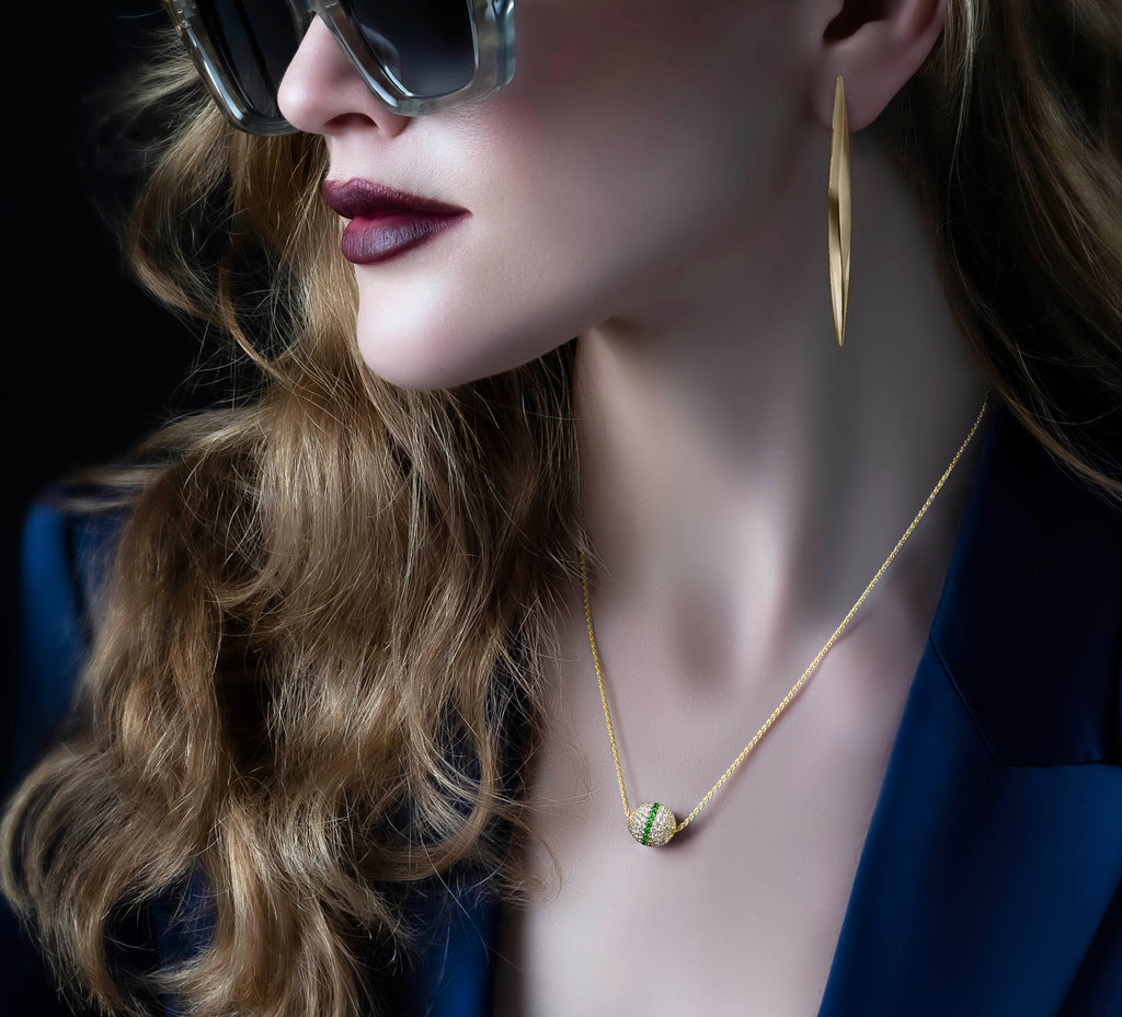 Radiant Gold Sphere Necklace<br>w/White Pavé Diamonds<br>& Emerald Accent