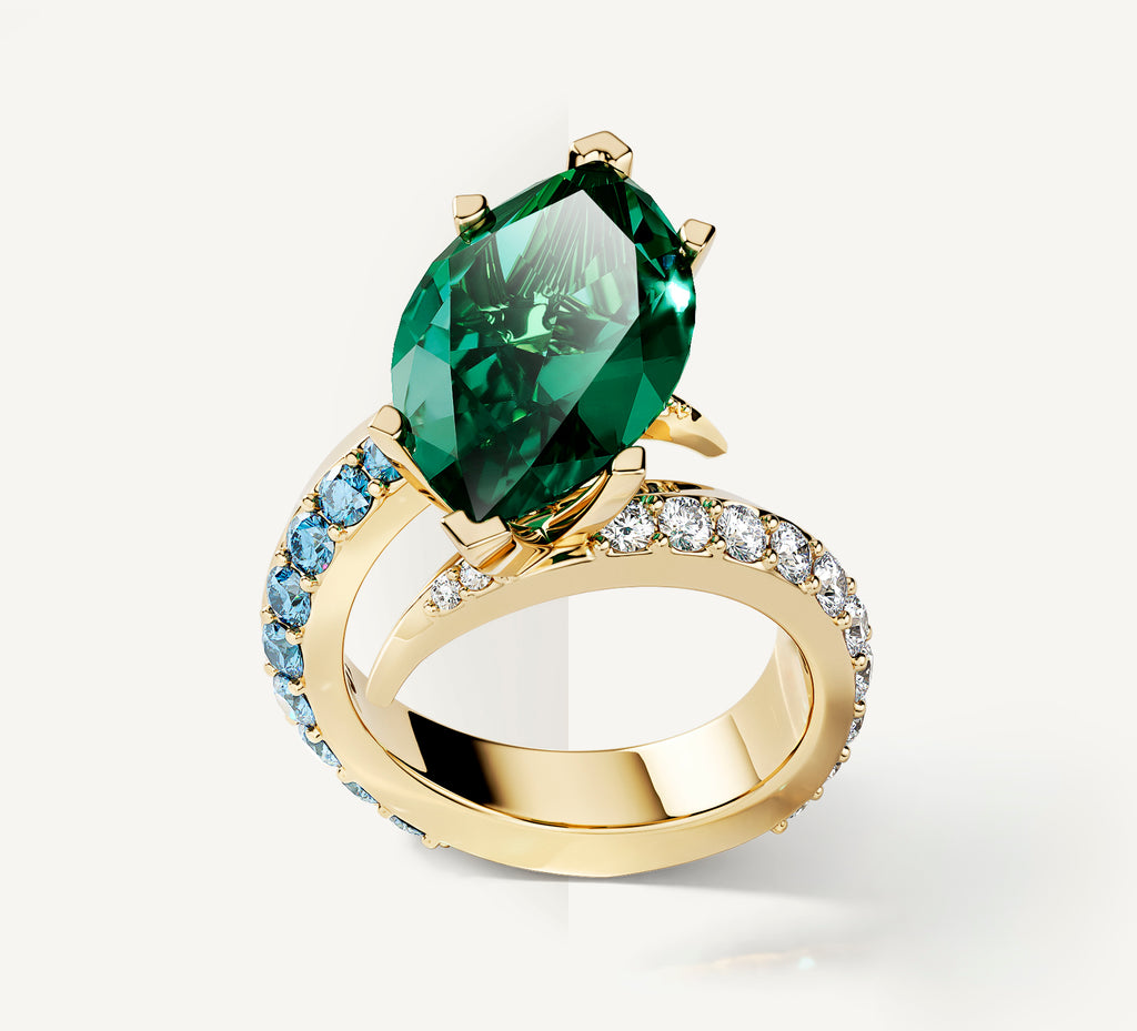 14K Gold Marquise Ring<br>w/ Emerald / Mixed Diamonds