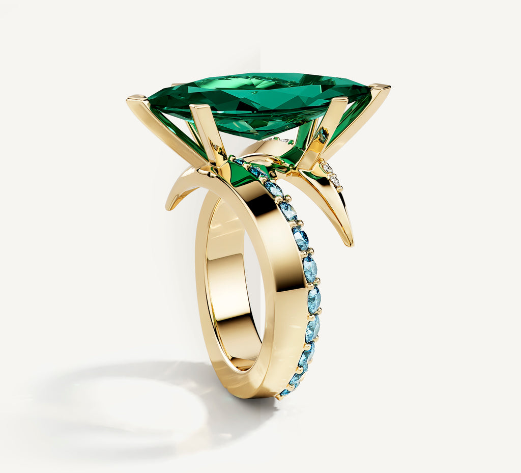 14K Gold Marquise Ring<br>w/ Emerald / Mixed Diamonds