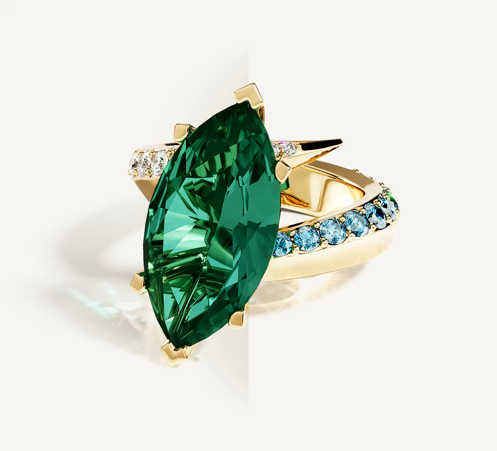 14K Gold Marquise Ring<br>w/ Emerald / Mixed Diamonds
