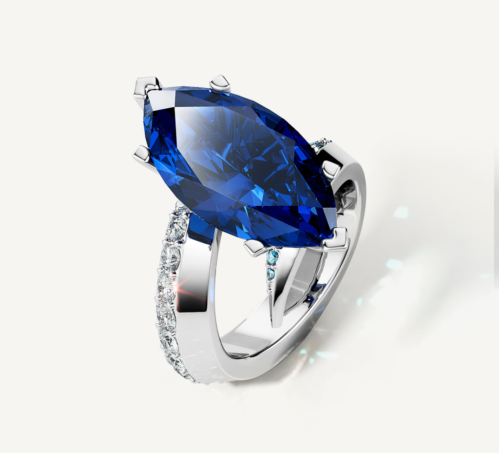 Sterling Silver Marquise Ring<br>w/ Blue Sapphire / Mixed Diamonds