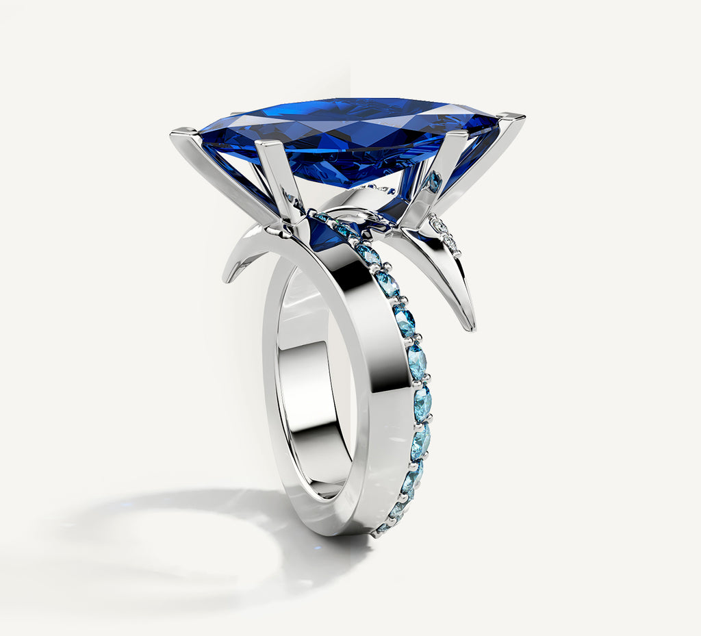 Sterling Silver Marquise Ring<br>w/ Blue Sapphire / Mixed Diamonds