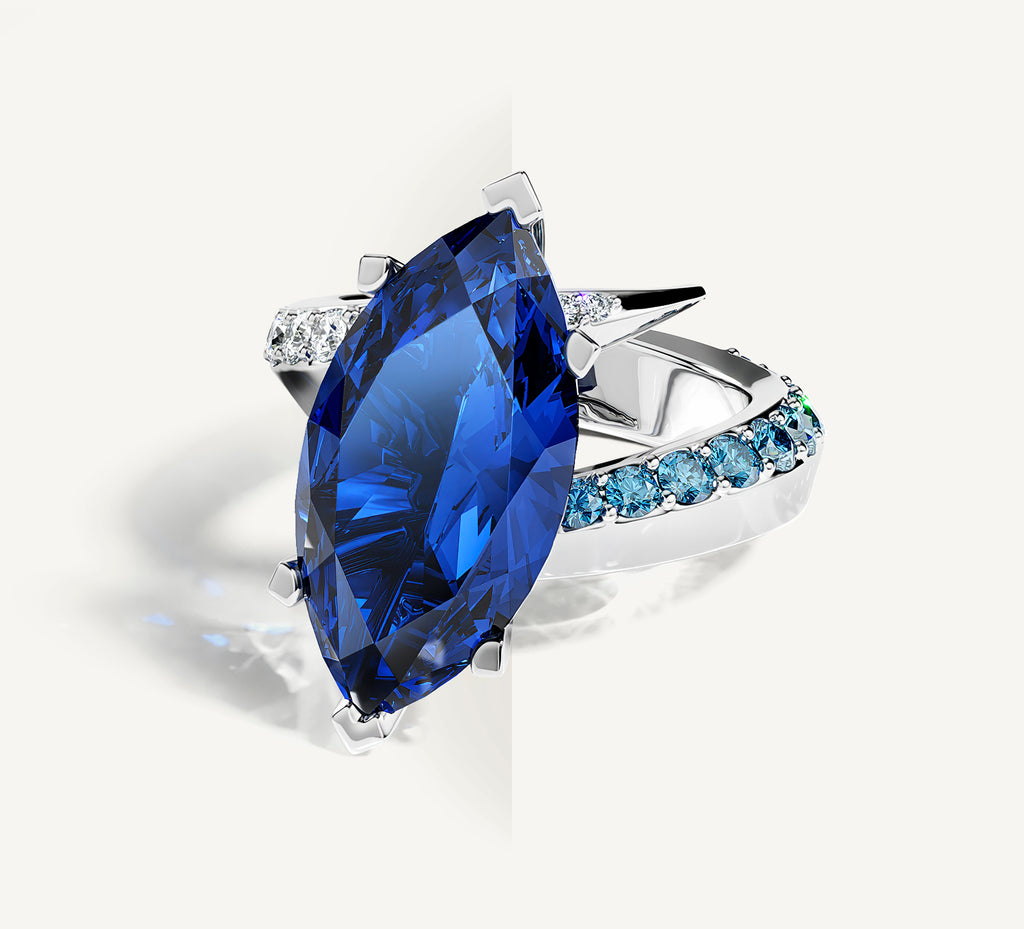 Sterling Silver Marquise Ring<br>w/ Blue Sapphire / Mixed Diamonds