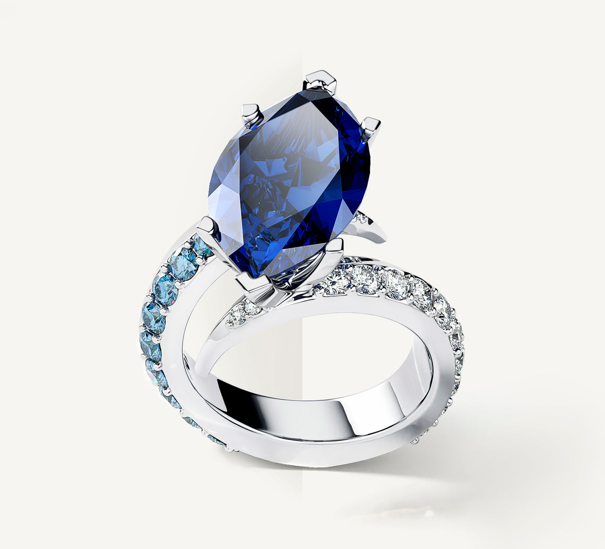 Sterling Silver Marquise Ring<br>w/ Blue Sapphire / Mixed Diamonds