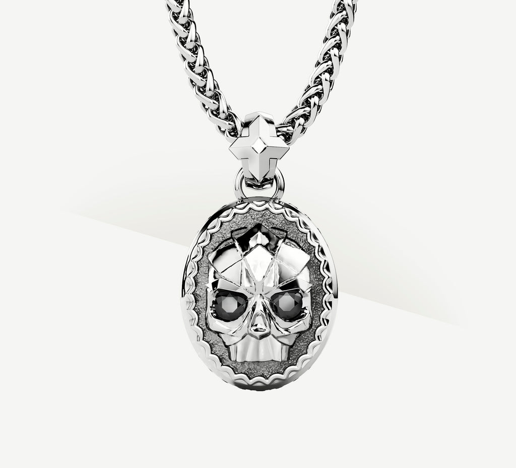 Deco Skull Pendant<br>w/Sterling Silver / Black Pavé Diamonds