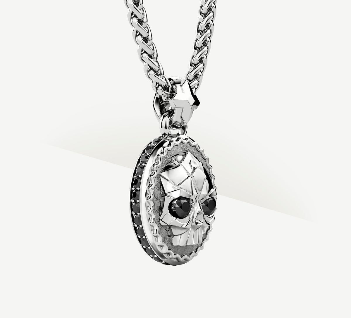 Deco Skull Pendant<br>w/Sterling Silver / Black Pavé Diamonds