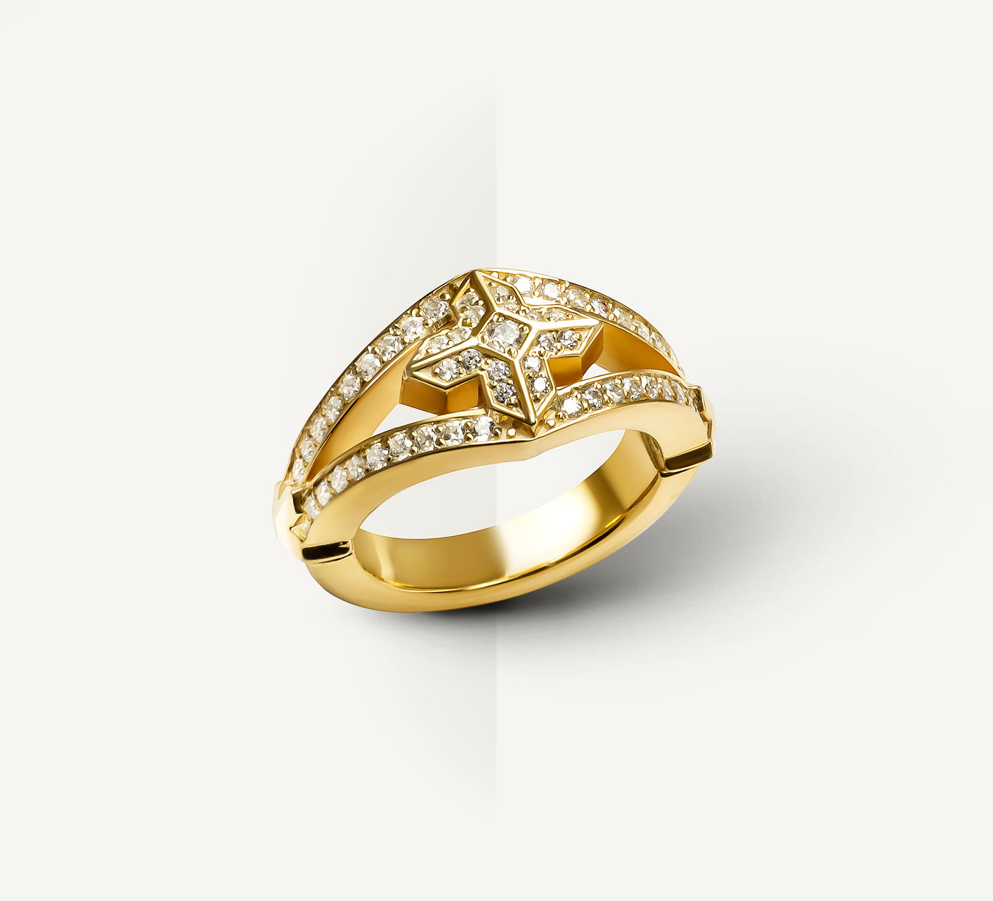 Center Crown Ring<br>in 18K Yellow Gold w/Pavé Diamonds