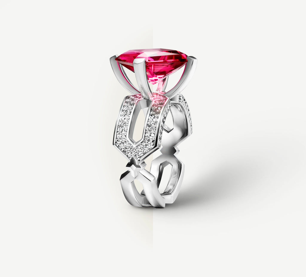 Crystal Link Band<br>Featured Pink Tourmaline<br>Sterling Silver / Pavé Diamonds