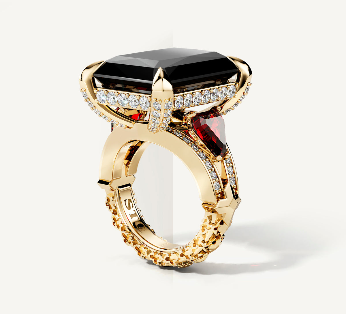 Radiant Event Ring<br>14K Gold w/Black Onyx<br>Ruby and Diamond Band