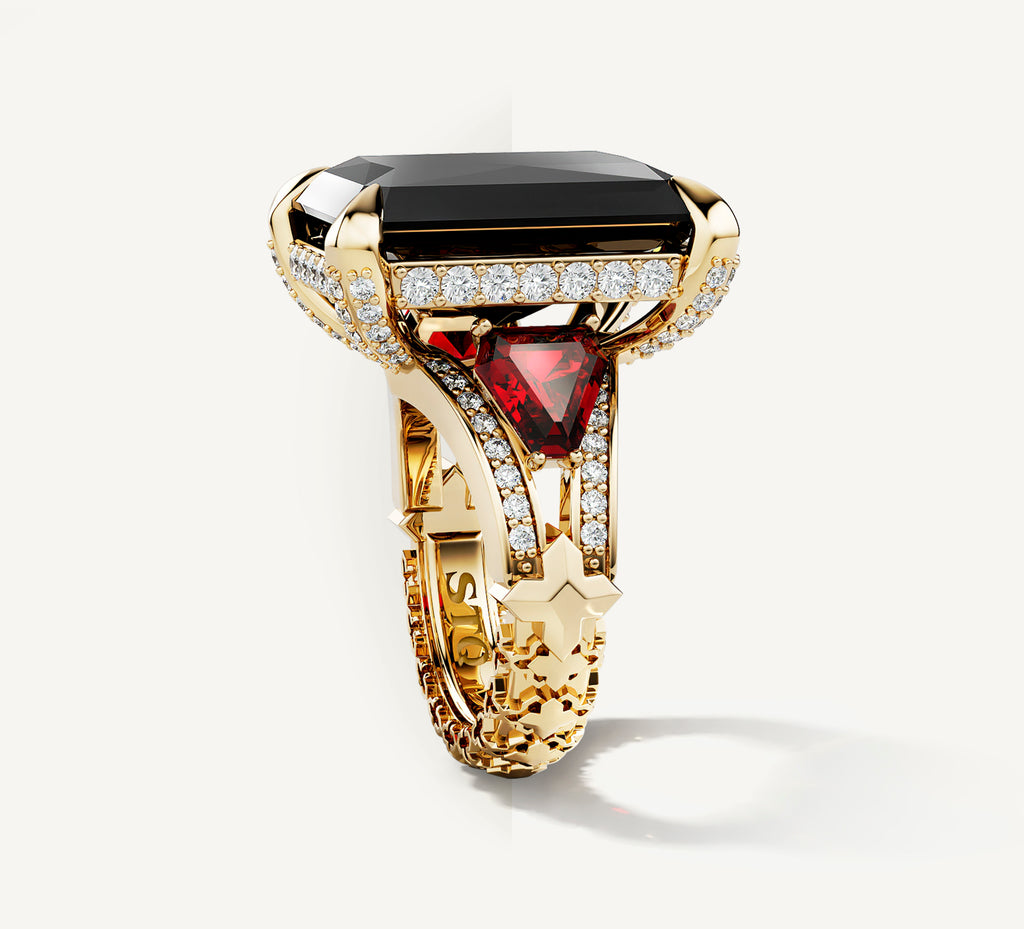 Radiant Event Ring<br>14K Gold w/Black Onyx<br>Ruby and Diamond Band