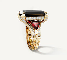 Load image into Gallery viewer, Radiant Event Ring<br>14K Gold w/Black Onyx<br>Ruby and Diamond Band
