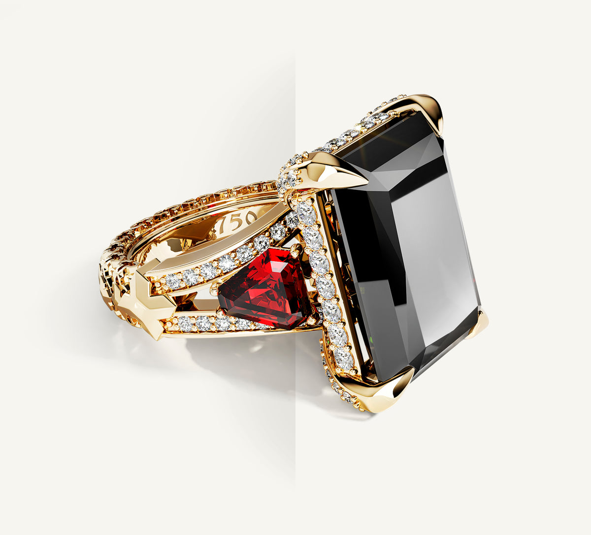 Radiant Event Ring<br>14K Gold w/Black Onyx<br>Ruby and Diamond Band