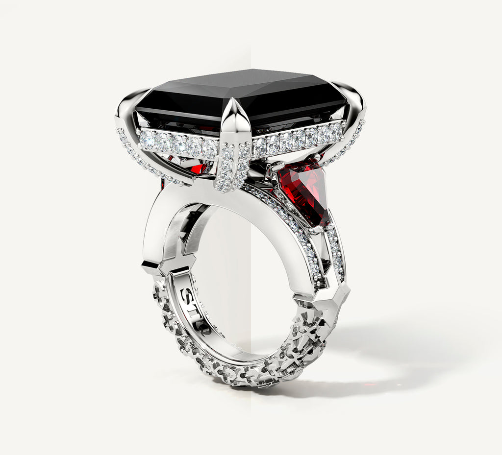 Radiant Event Ring<br>Sterling Silver w/Black Onyx<br>Ruby and Diamond Band