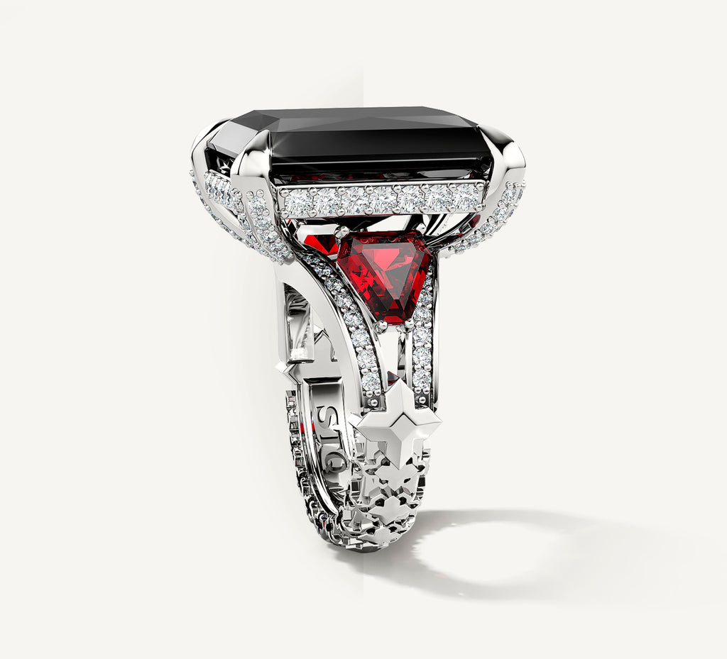 Radiant Event Ring<br>Sterling Silver w/Black Onyx<br>Ruby and Diamond Band