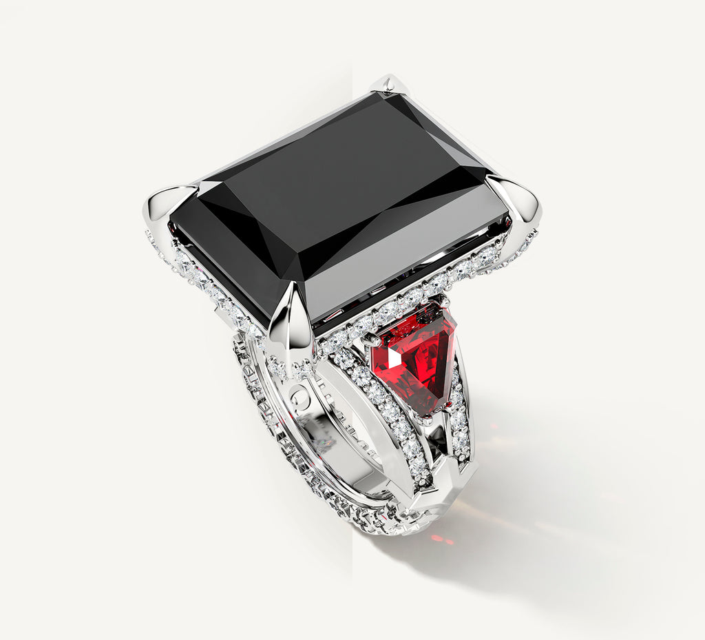 Radiant Event Ring<br>Sterling Silver w/Black Onyx<br>Ruby and Diamond Band