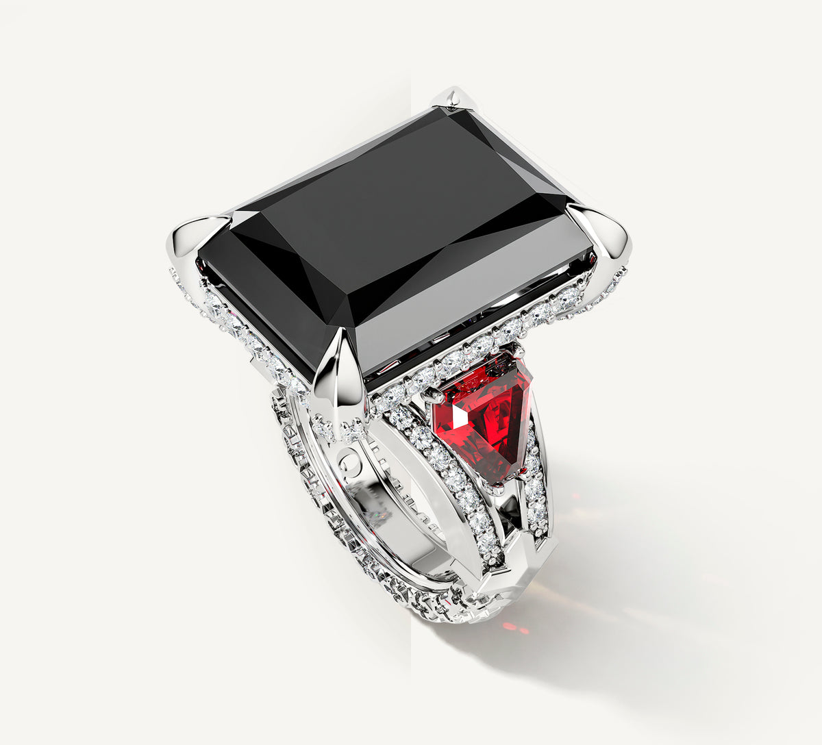 Radiant Event Ring<br>Sterling Silver w/Black Onyx<br>Ruby and Diamond Band