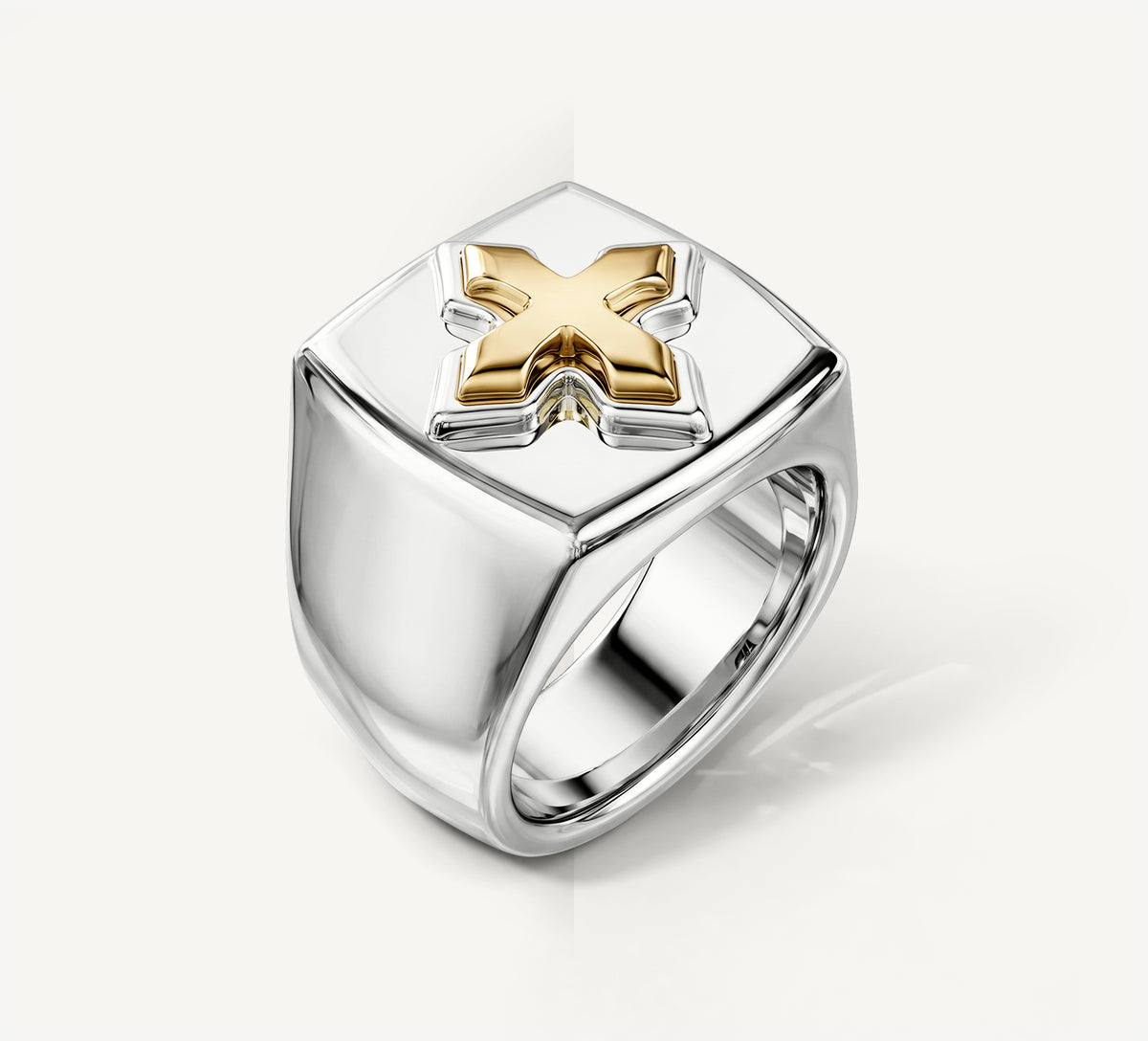 STQ Cross Signet Ring<br>Sterling Silver / 14K Yellow Gold