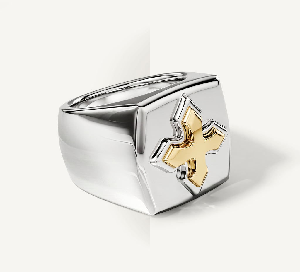 STQ Cross Signet Ring<br>Sterling Silver / 14K Yellow Gold
