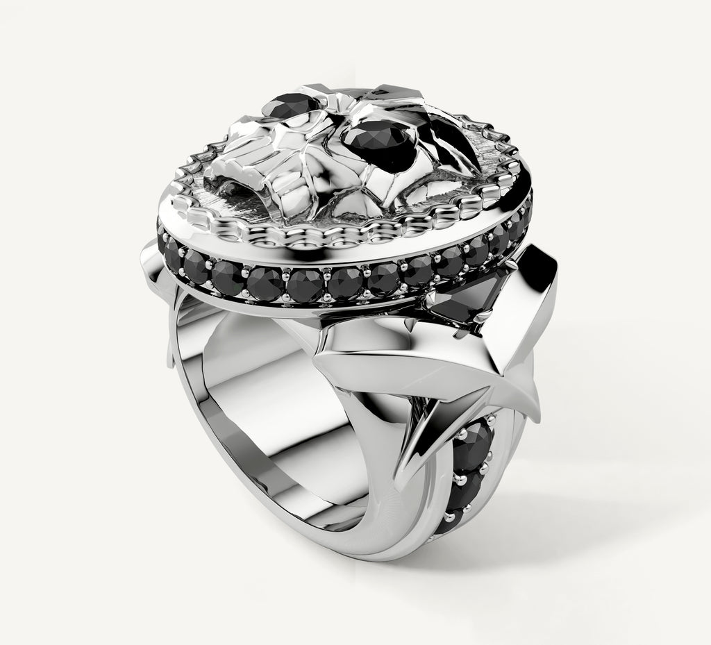 Deco Skull / Talon Signet Ring<br>with Pavé Black Diamonds