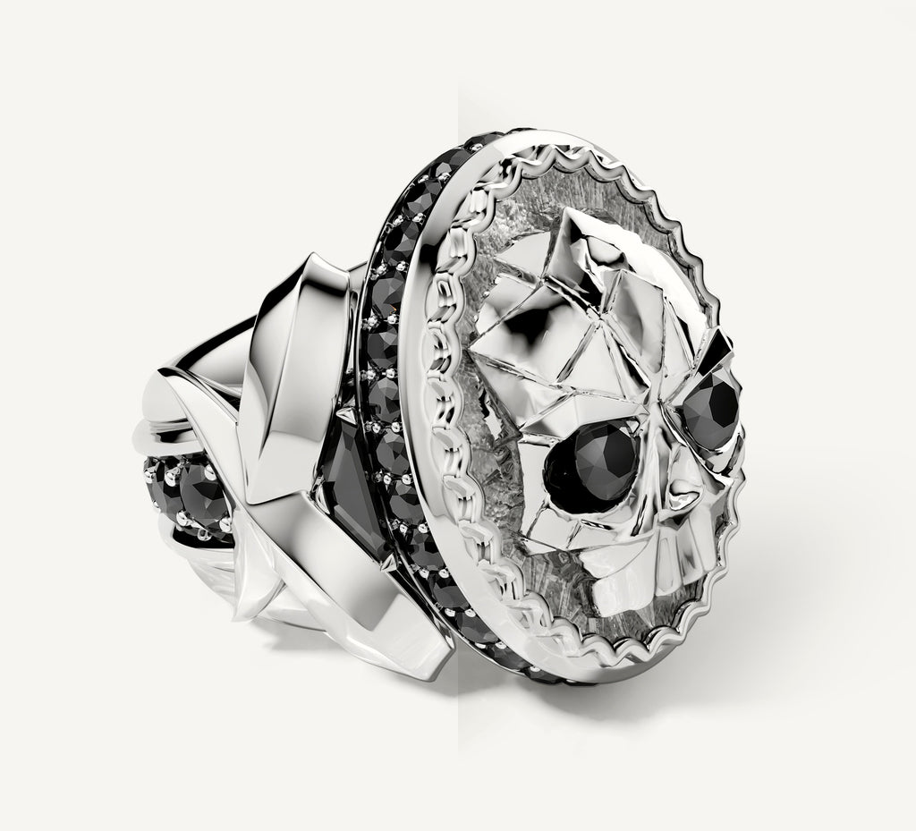 Deco Skull / Talon Signet Ring<br>with Pavé Black Diamonds