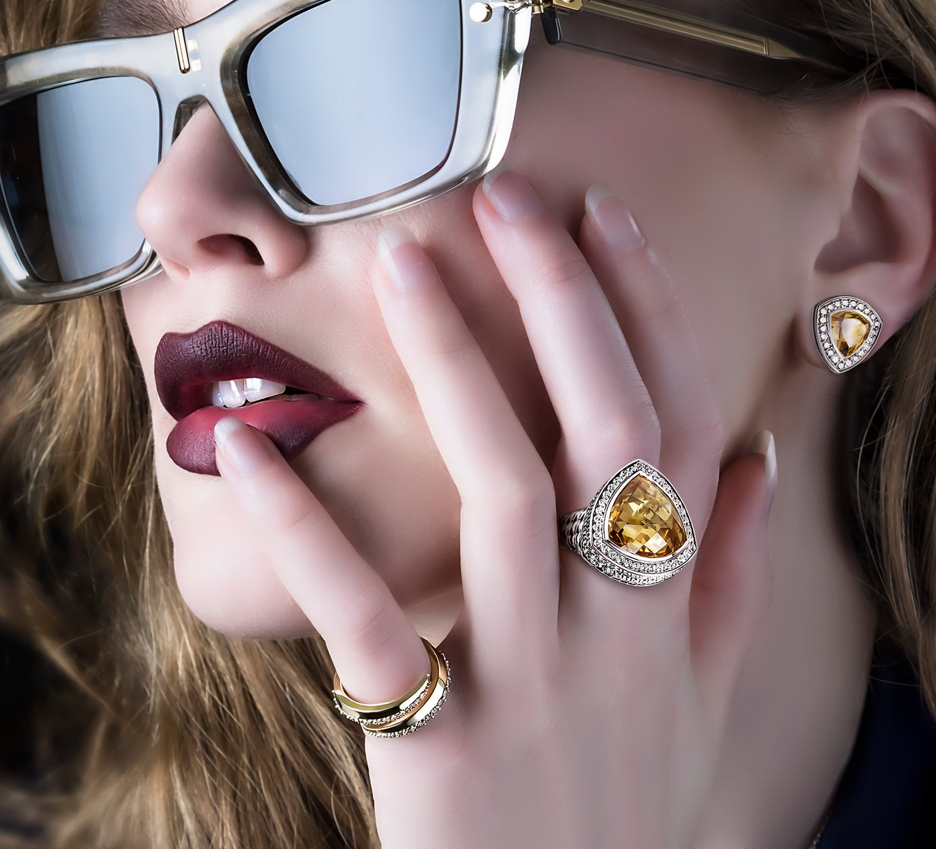 Shield Ring in Sterling Silver<br>Amber Citrine / Pavé Diamonds