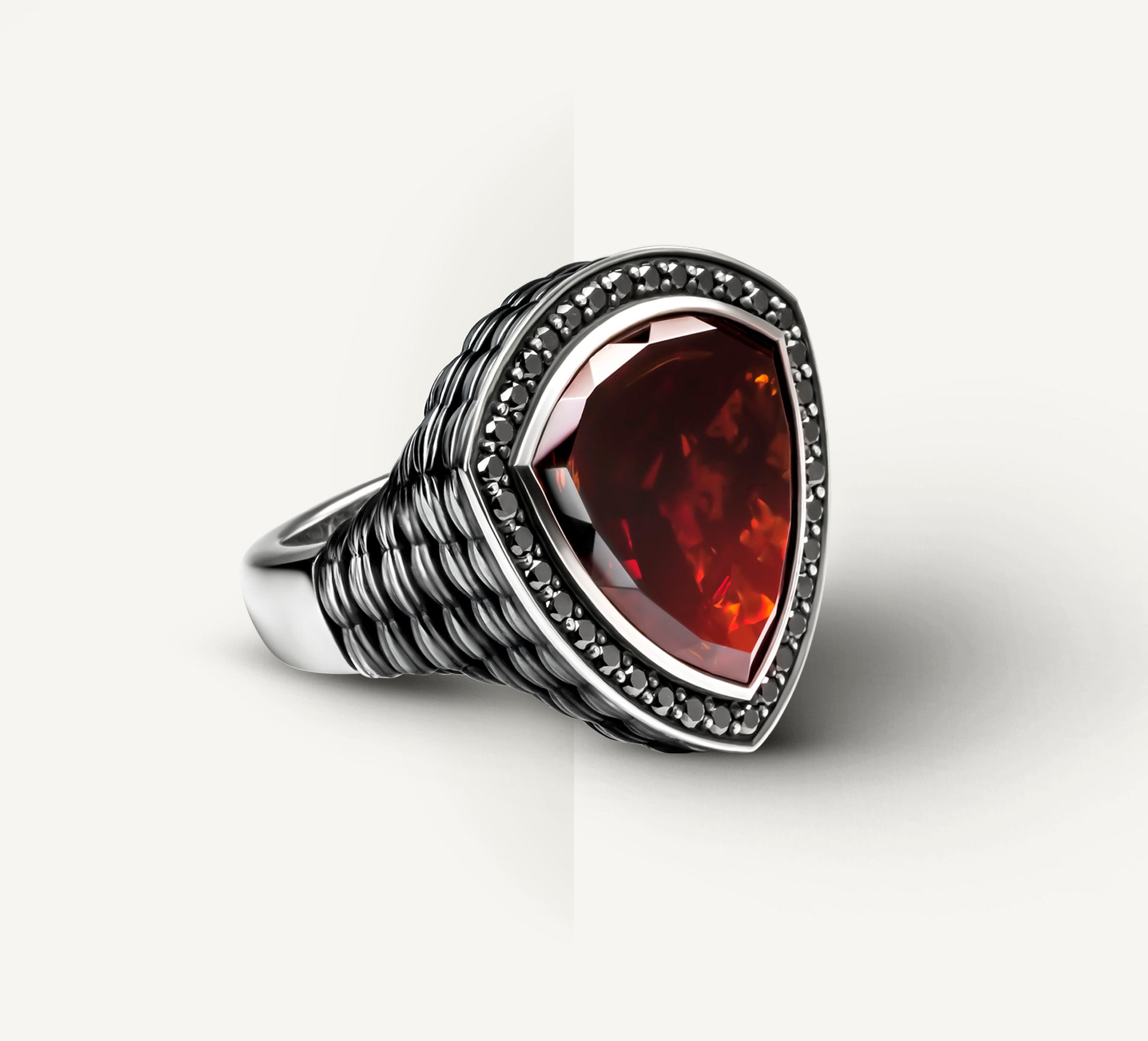 Shield Ring in Sterling Silver<br>Garnet Stone / Black Rhodium