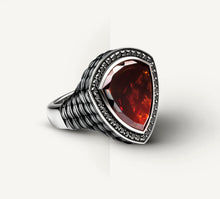 Load image into Gallery viewer, Shield Ring in Sterling Silver&lt;br&gt;Garnet Stone / Black Rhodium
