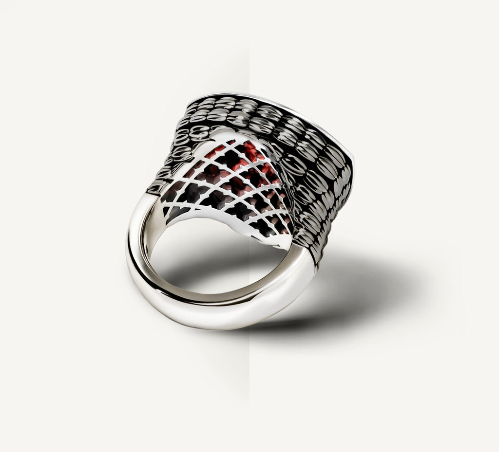 Shield Ring in Sterling Silver<br>Garnet Stone / Black Rhodium