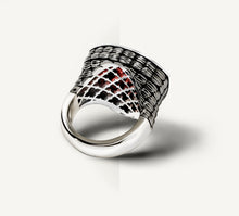 Load image into Gallery viewer, Shield Ring in Sterling Silver&lt;br&gt;Garnet Stone / Black Rhodium
