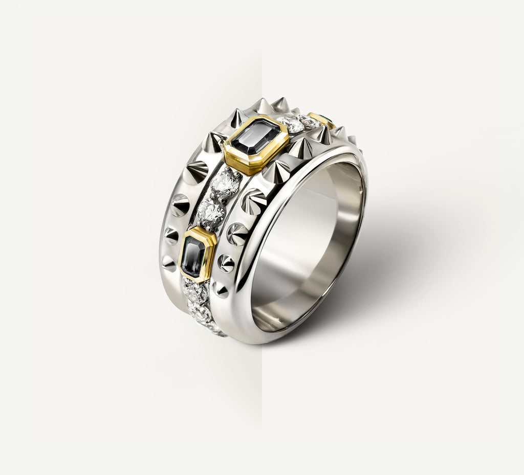 Spiked Rebel Ring<br>Sterling Silver w/Diamonds<br>Black Onyx / 14K Gold Accents