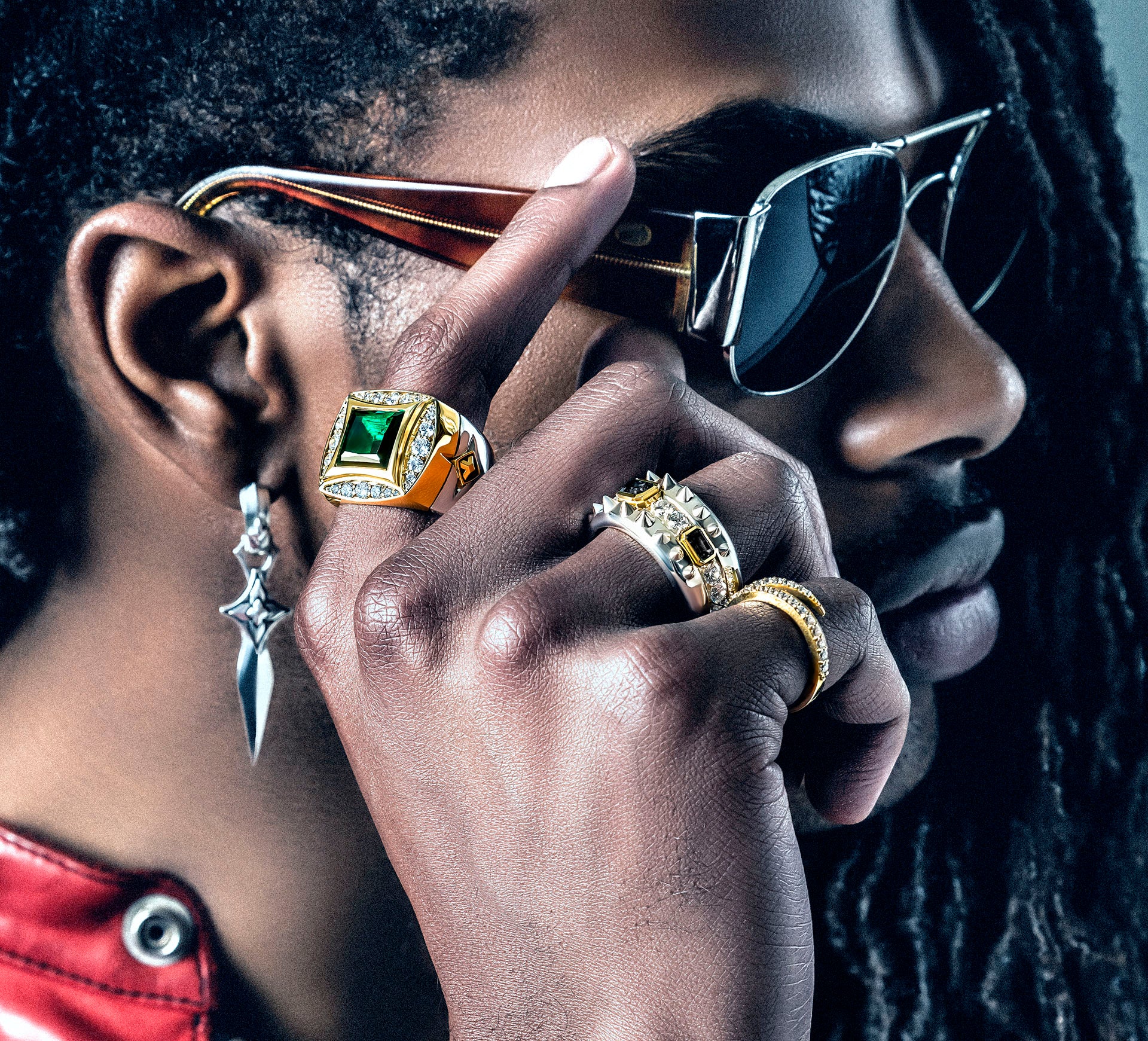 Spiked Rebel Ring<br>Sterling Silver w/Diamonds<br>Black Onyx / 14K Gold Accents