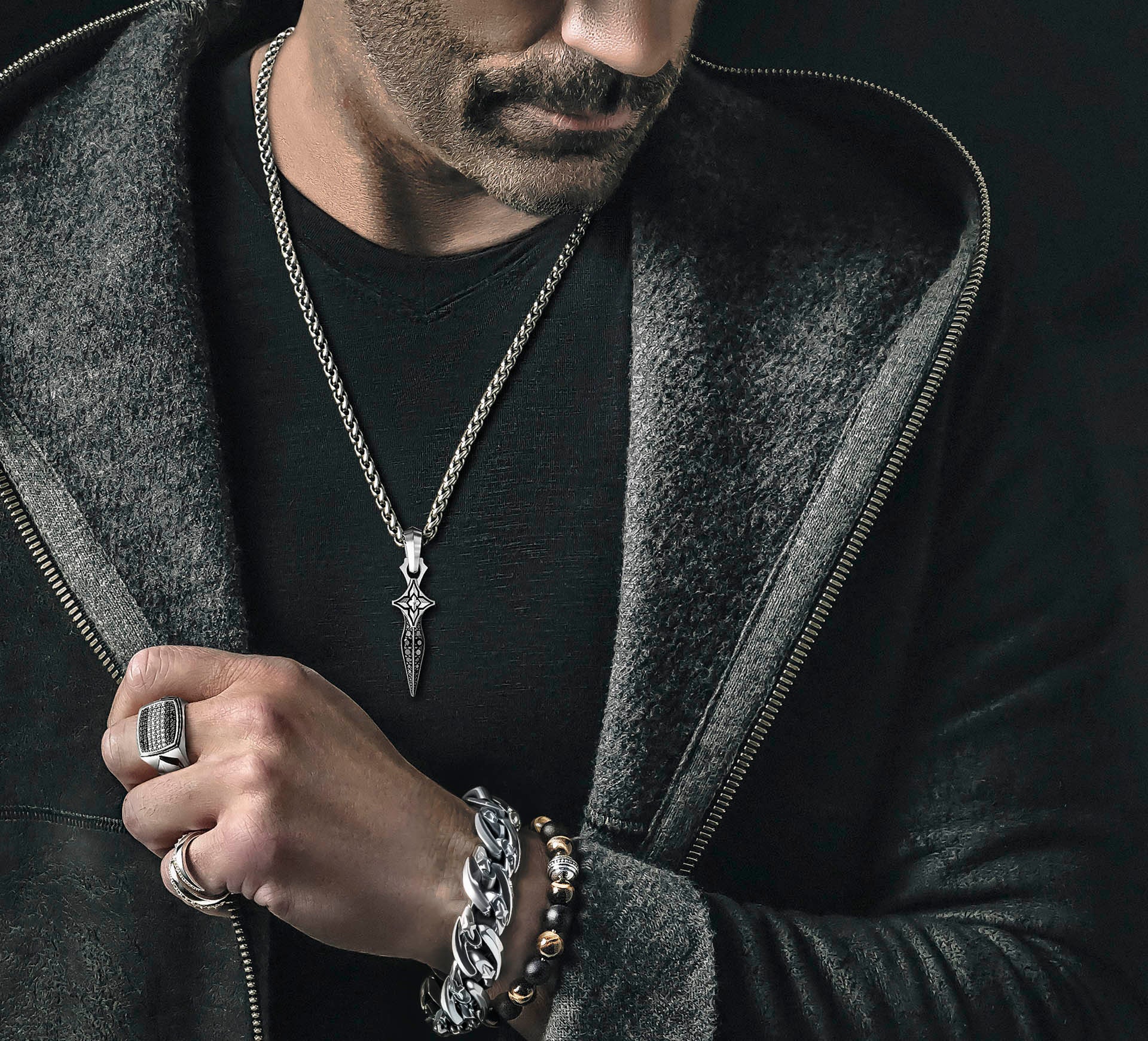 Star Dagger / Sterling Silver<br>w/Black Pavé Diamonds