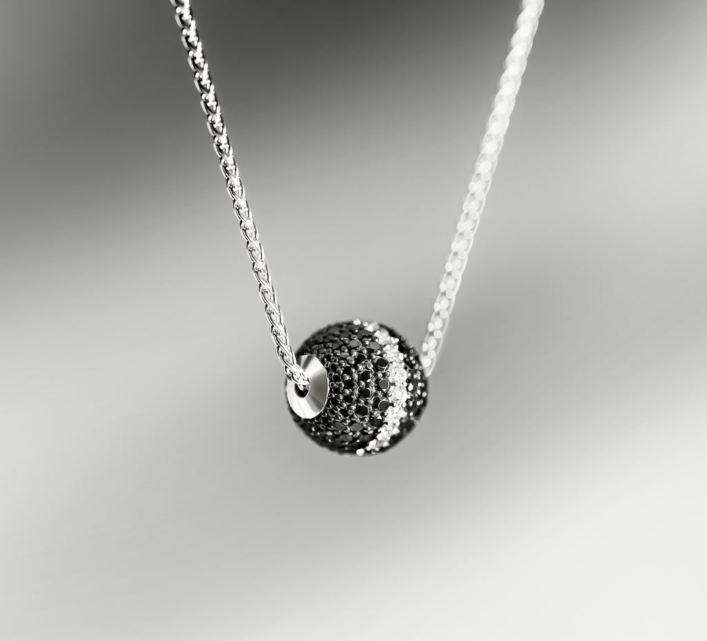 Radiant Silver Sphere Necklace<br>w/Black Pavé Diamonds<br>& White Diamond Accent