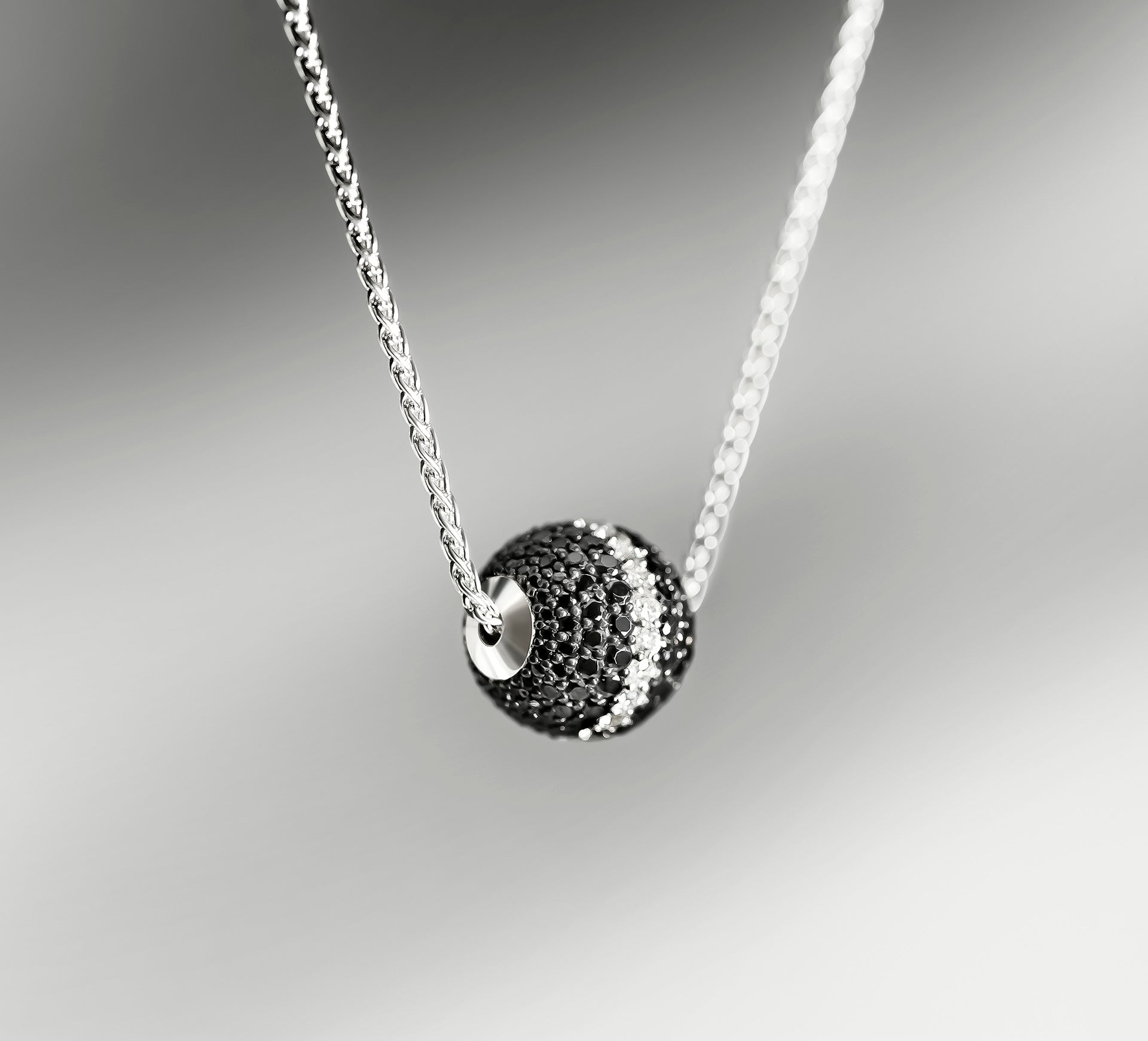 Radiant Silver Sphere Necklace<br>w/Black Pavé Diamonds<br>& White Diamond Accent