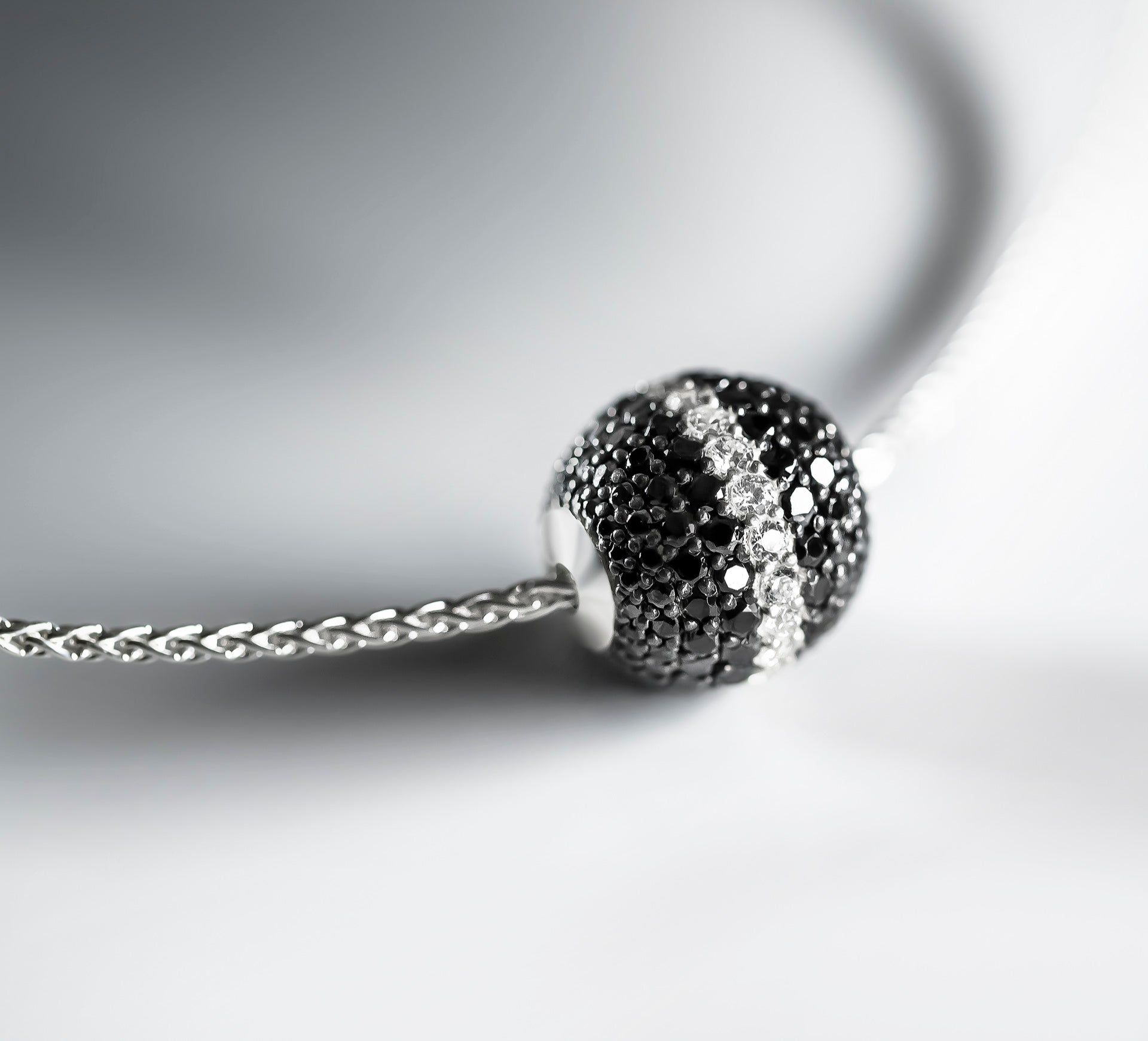 Radiant Silver Sphere Necklace<br>w/Black Pavé Diamonds<br>& White Diamond Accent
