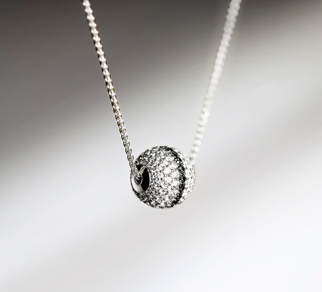 Radiant Silver Sphere Necklace<br>w/White Pavé Diamonds<br>& Black Diamond Accent