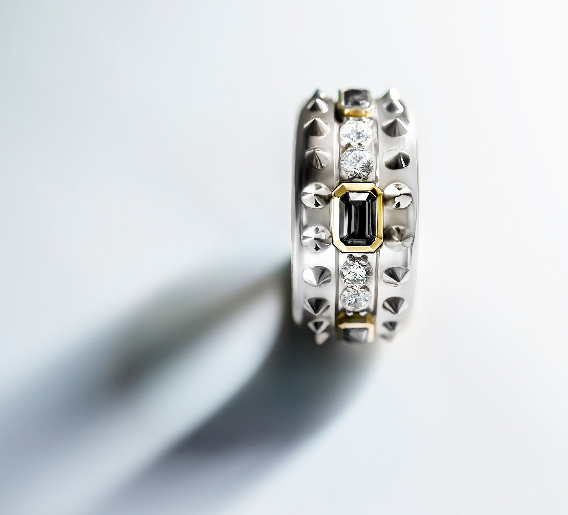 Spiked Rebel Ring<br>Sterling Silver w/Diamonds<br>Black Onyx / 14K Gold Accents