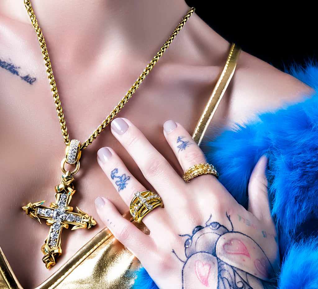 Crossfire Ring / 14K Gold<br>w/Diamond Cross