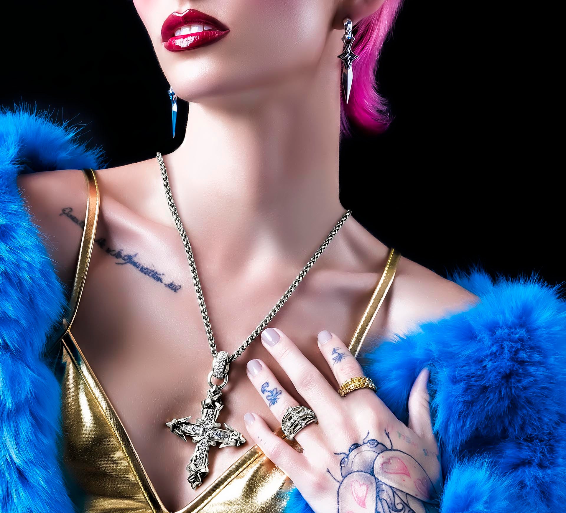 The REGAL II Cross in Sterling Silver<br>w/Pavé Diamonds / Talon Details