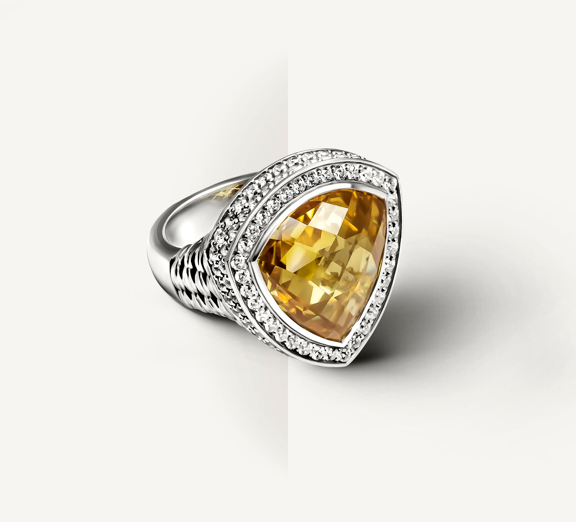 Shield Ring in Sterling Silver<br>Amber Citrine / Pavé Diamonds