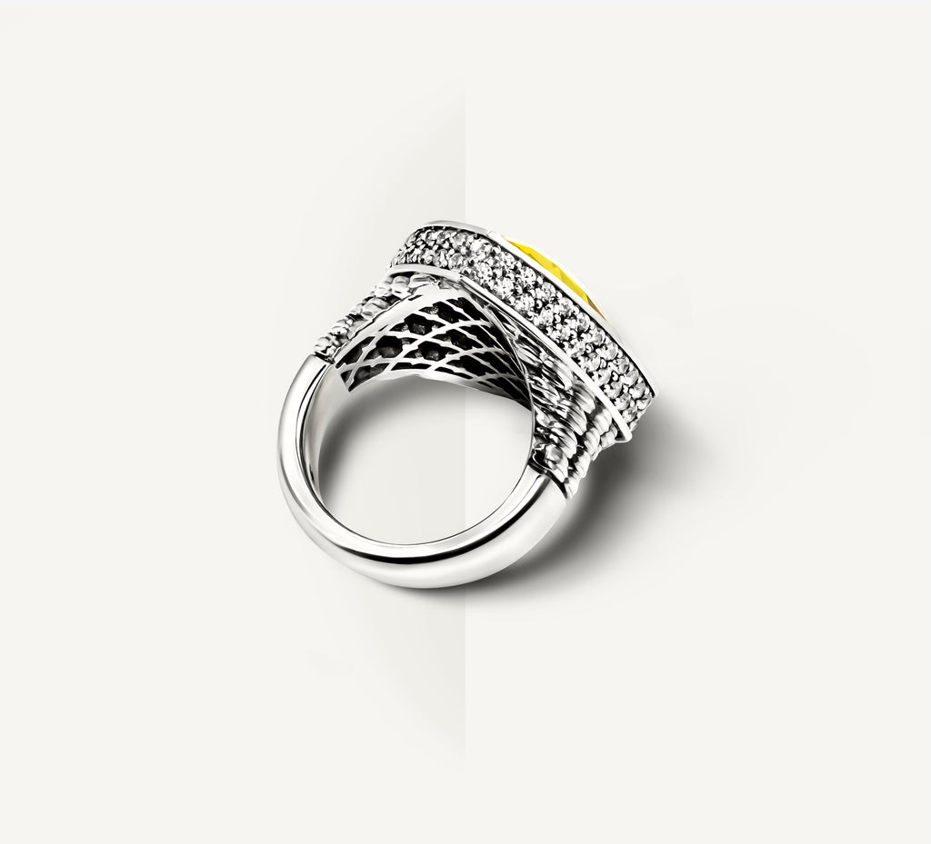 Shield Ring in Sterling Silver<br>Amber Citrine / Pavé Diamonds