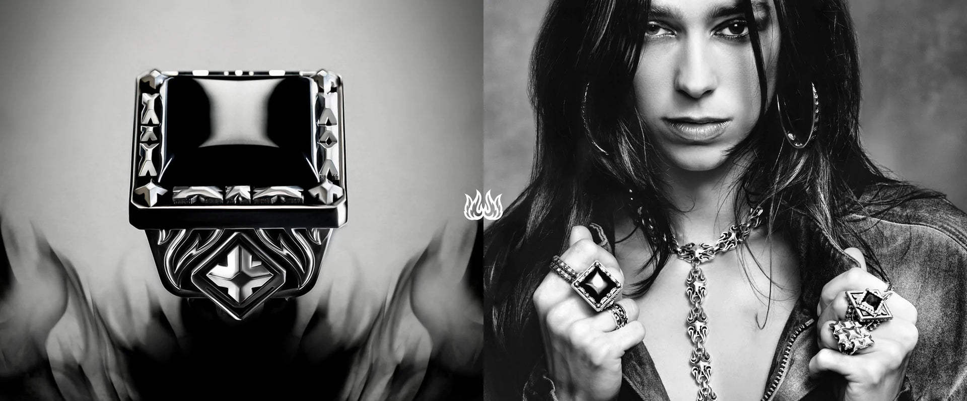 Split black and white image of ring and woman wearing said ring