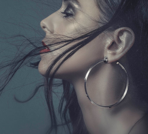 3” Knife-Edge Hoops<br>Crown Detail / Sterling Silver