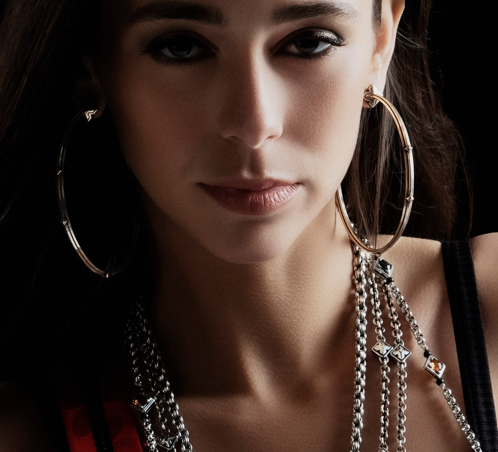 3” Knife-Edge Hoops<br>Crown Detail / Sterling Silver