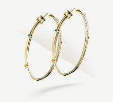 Load image into Gallery viewer, 18K 3&quot; Knife Edge Hoops&lt;br&gt; w/Diamonds &amp; Topaz Stones
