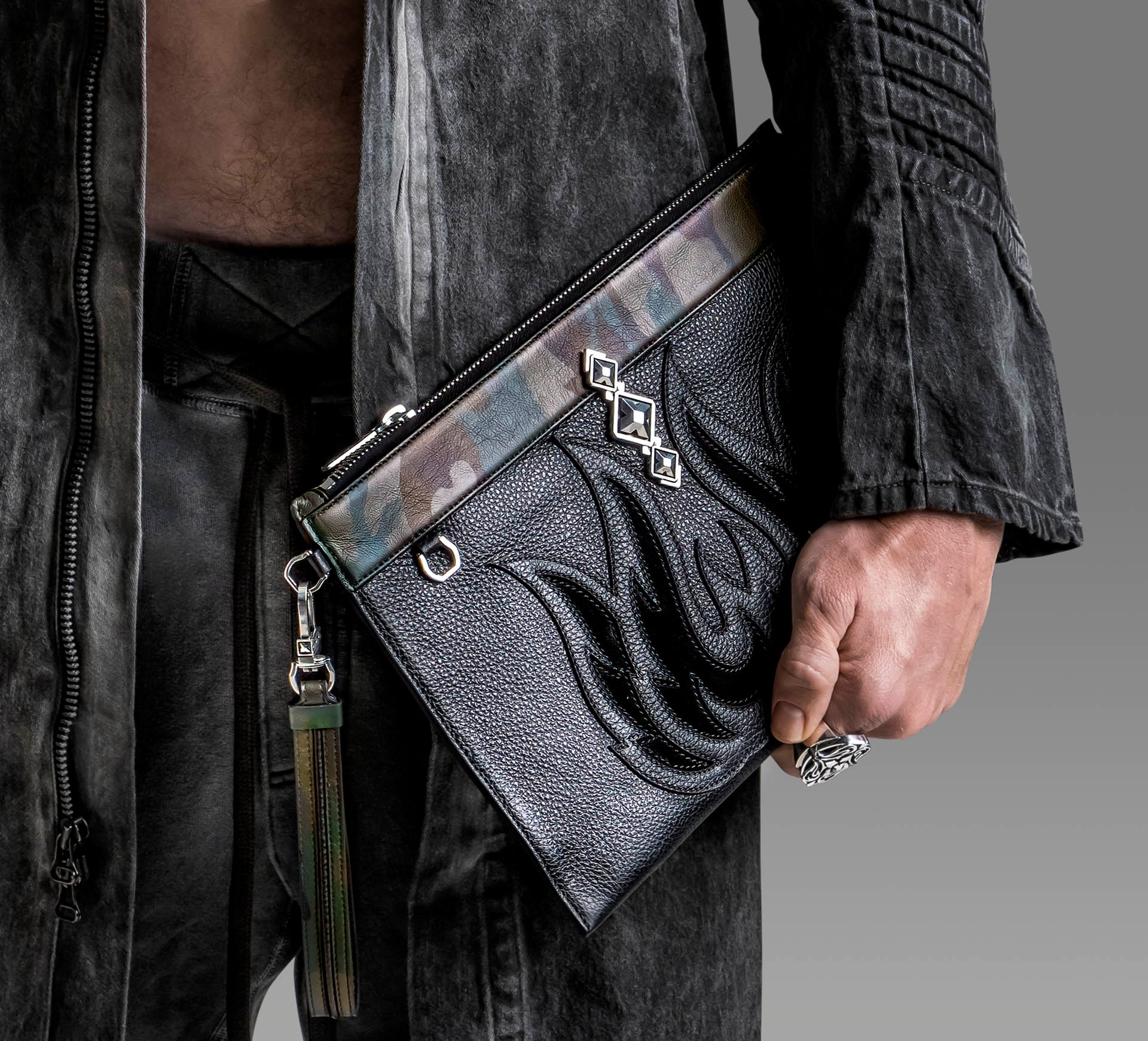 Fire & Ice Black & Camo Clutch<br>w/Tri-Crown Detail